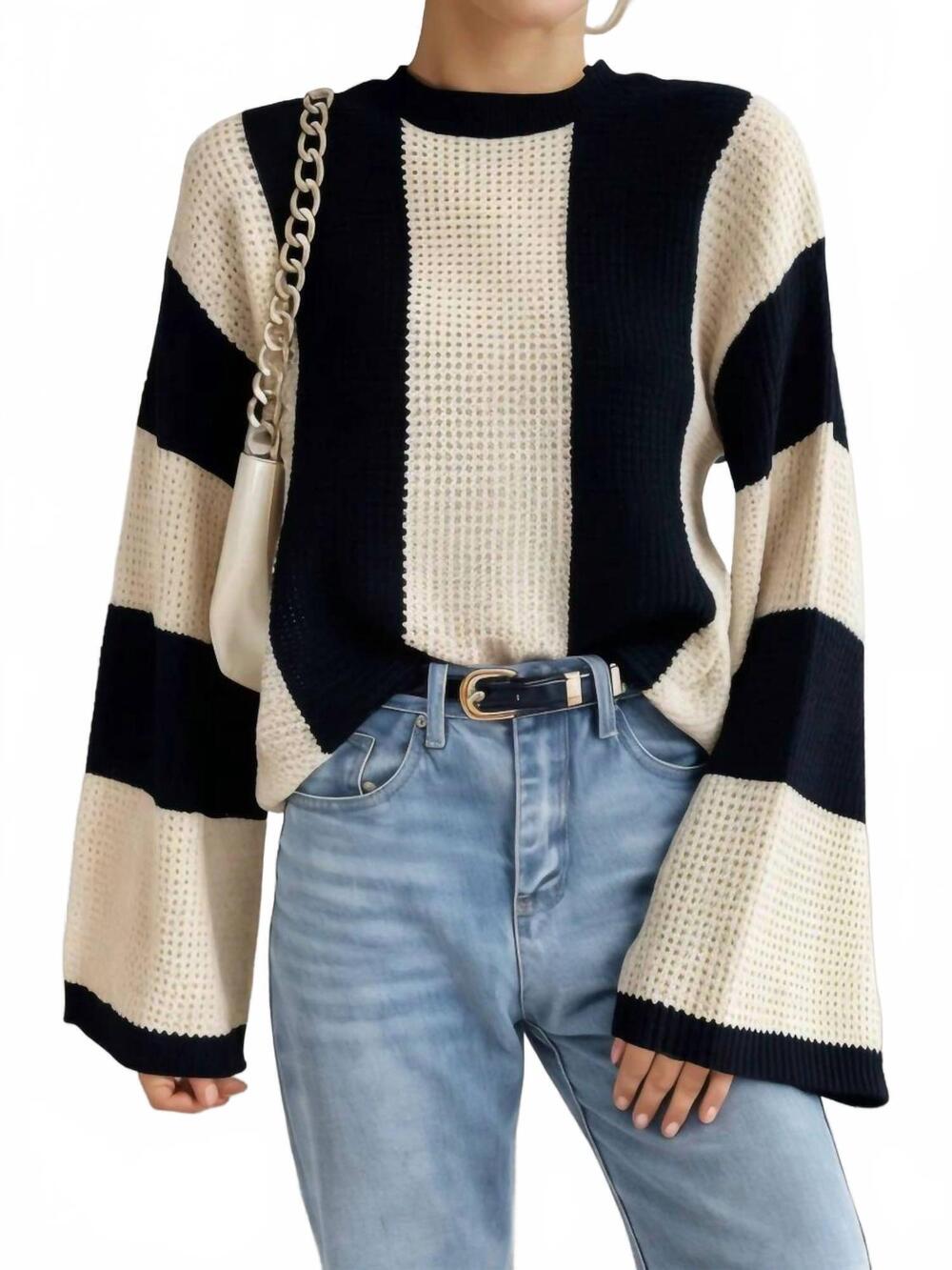NEW ANNA-KACI bold striped knit sweater with bell sleeves and crew neck in light